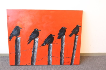 Afbeelding van Olieverfschilderij van N. vd Meyden: 5 Kraaien op palen.