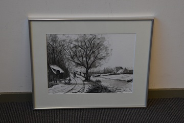Afbeelding van Pen- en gewassen inkttekening: Winters landschap. door H.M.Z