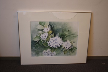 Afbeelding van Aquarel van N. vd Meyden: Blauwe hortensia's