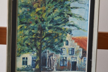 Afbeelding van Ingelijst olieverfschilderij van Minne Kloppe: "Brugge 1951"