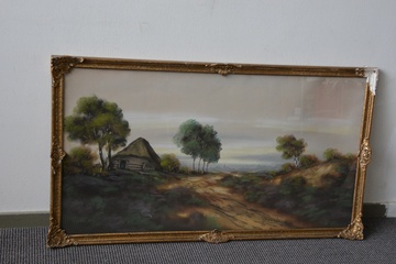 Afbeelding van Schilderij van J. Barends: Heidelandschap met huisje