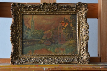 Afbeelding van Ingelijst schilderij van Amsterdam. Grachtenhuizen