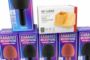 Afbeelding van Partij Bluetooth Karaoke Microfoons + Bamboo Desk Organiser