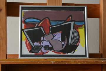 Afbeelding van Schilderij van K. vd Gaast: 'Ontdeugend Katje'.