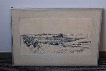 Afbeelding van Ingelijste podlood/grafiettekening van boten op een rivier