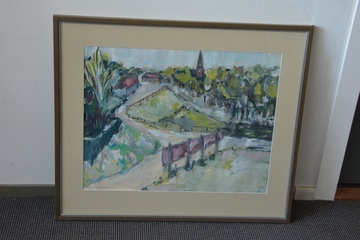 Afbeelding van Ingelijste aquarel van een dorpsbrink''