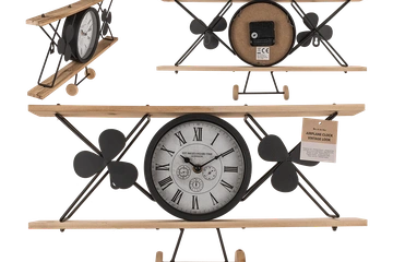 Afbeelding van Vliegtuigklok, vintage look, gemaakt van zwart materiaal.