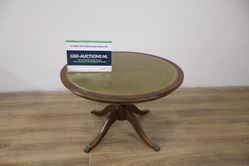 Afbeelding van Antiek Ronde Koffietafel met Groen Leren Inleg''