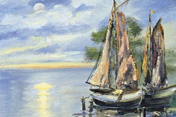 Afbeelding van Katharina Schoettler - Boats lie at anchor -70x70 cm