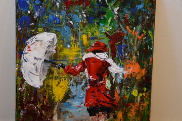 Afbeelding van Mooi olieverfschilderij door Petra, 2016: Vrouw in het rood.