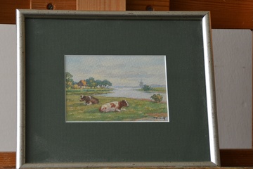 Afbeelding van Ingelijste aquarel van Verbeek: Polderlandschap met koeien