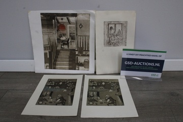 Afbeelding van Set van 4 Vintage Ingelijste Etsen''