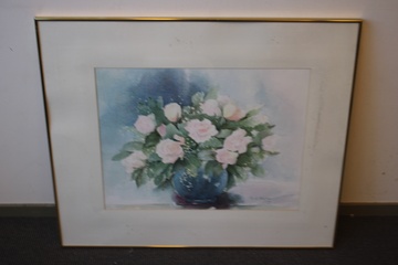 Afbeelding van Aquarel van N. vd Meyden: Vaas met roze rozen.'''