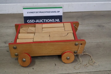 Afbeelding van Vintage Houten Blokkenkar met Blokken