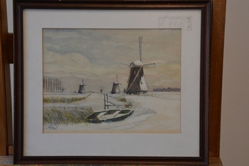 Afbeelding van Ingelijste aquarel met vaart en molens in winterlandschap