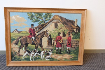 Afbeelding van Naaldkunst. Geborduurd jachttafereel.