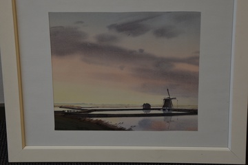 Afbeelding van Ingelijste aquarel van een polderlandschap met molen en huis