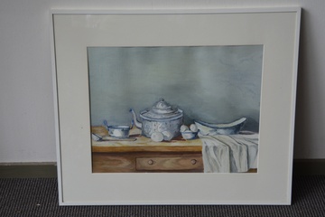 Afbeelding van Acrylschilderij: Stilleven met ontbijtservies en eieren