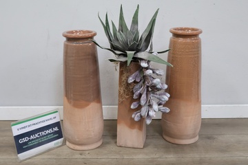 Afbeelding van Set van 3 Aardetint Keramieken Vaasjes met Kunst Agave'