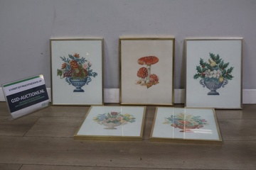 Afbeelding van Ingelijsten borduurwerken van paddenstoel en bloemen 5 stuks