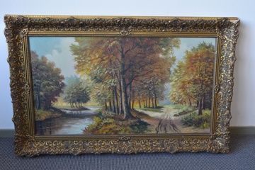 Afbeelding van Ingelijst herfstlandschapsschilderij met pad door het bos