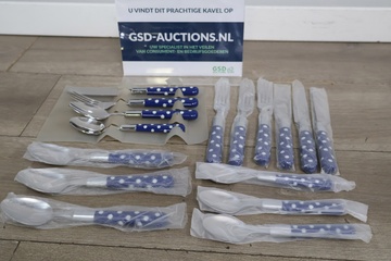 Afbeelding van 16-Delig Roestvrijstalen Bestek-set met Blauw/Wit Handvat