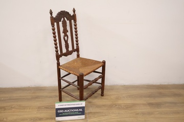 Afbeelding van Antiek Houten Eetkamerstoel met Rieten Zitting''