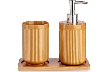 Afbeelding van 2x Keramiek badkamer set  met bamboe