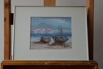 Afbeelding van Ingelijst schilderijtje: Boten op het strand van V. Ically